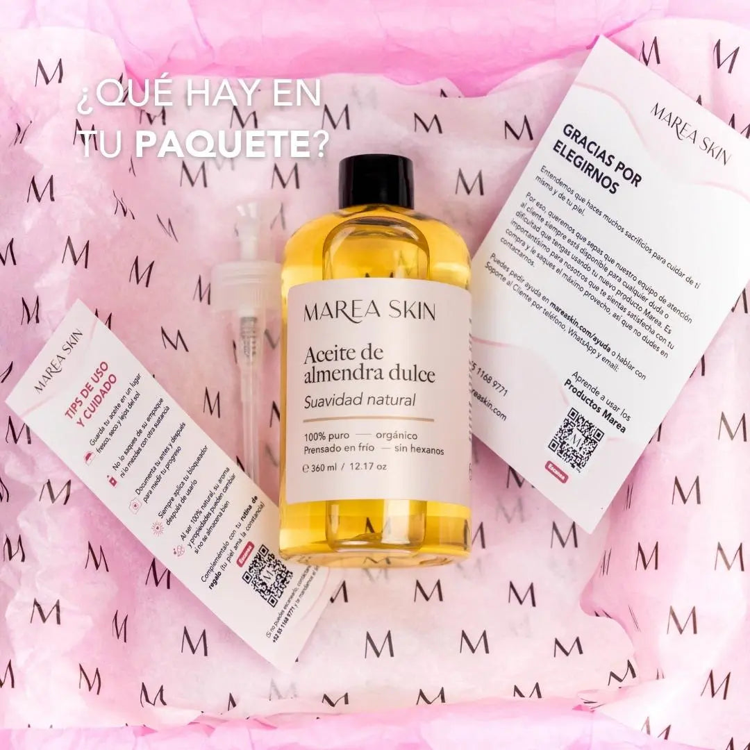 Aceite de almendra dulce en su caja con los complementos que incluye