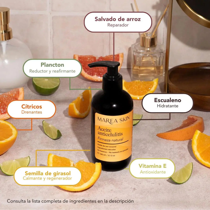 Ingredientes y beneficios del Aceite anticelulitis para noche: salvado de arroz, extracto de plancton, cítricos, semilla de girasol, escualeno y vitamina E