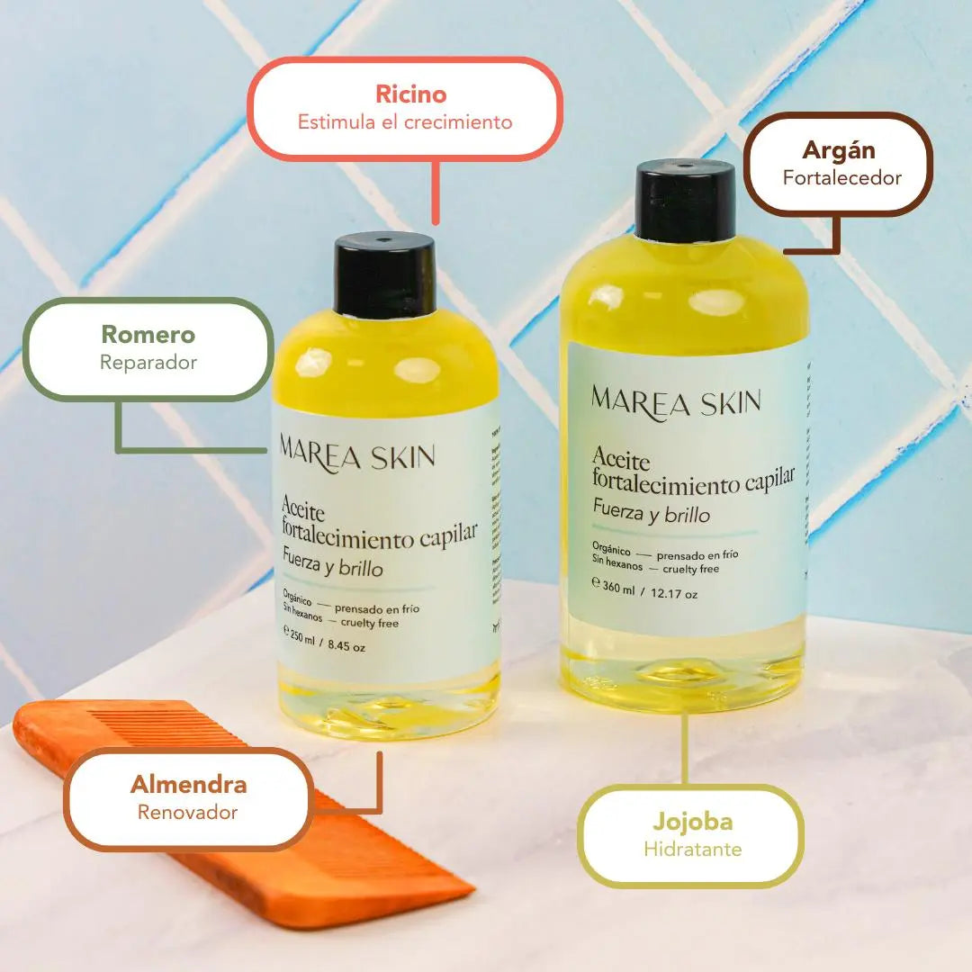 Ingredientes y beneficios del aceite de fortalecimiento capilar: ricino, argán, jojoba, almendra y romero