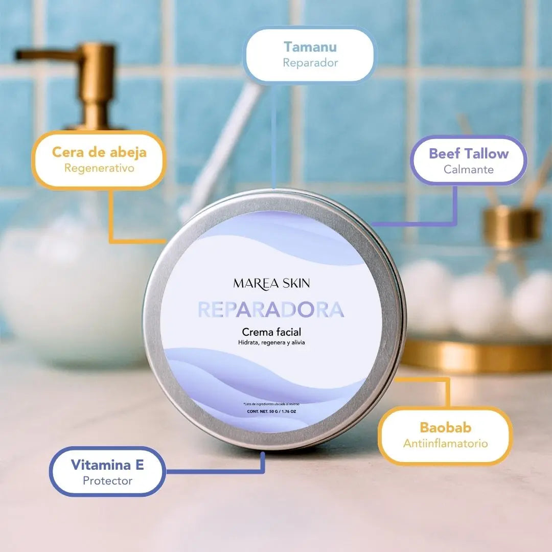 Ingredientes y beneficios de la crema facial reparadora de noche: tamanu, cera de abeja, beef tallow, baobab y vitamina E